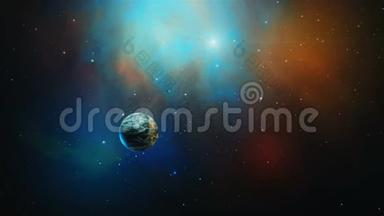 太空场景。 3D旋转行星在彩色星云中飞行。 美国宇航局提供的元素。 3D绘制